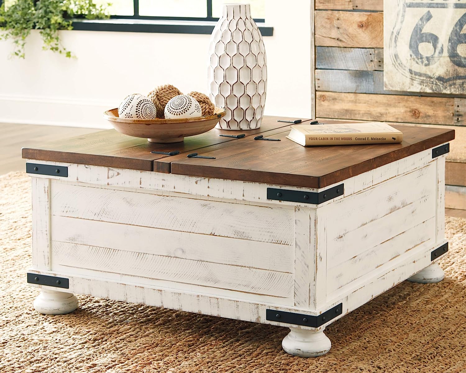 Signature Design by Ashley Wystfield Farmhouse Square Storage Coffee Table with Hinged Lift Top, Distressed White - soolyfe